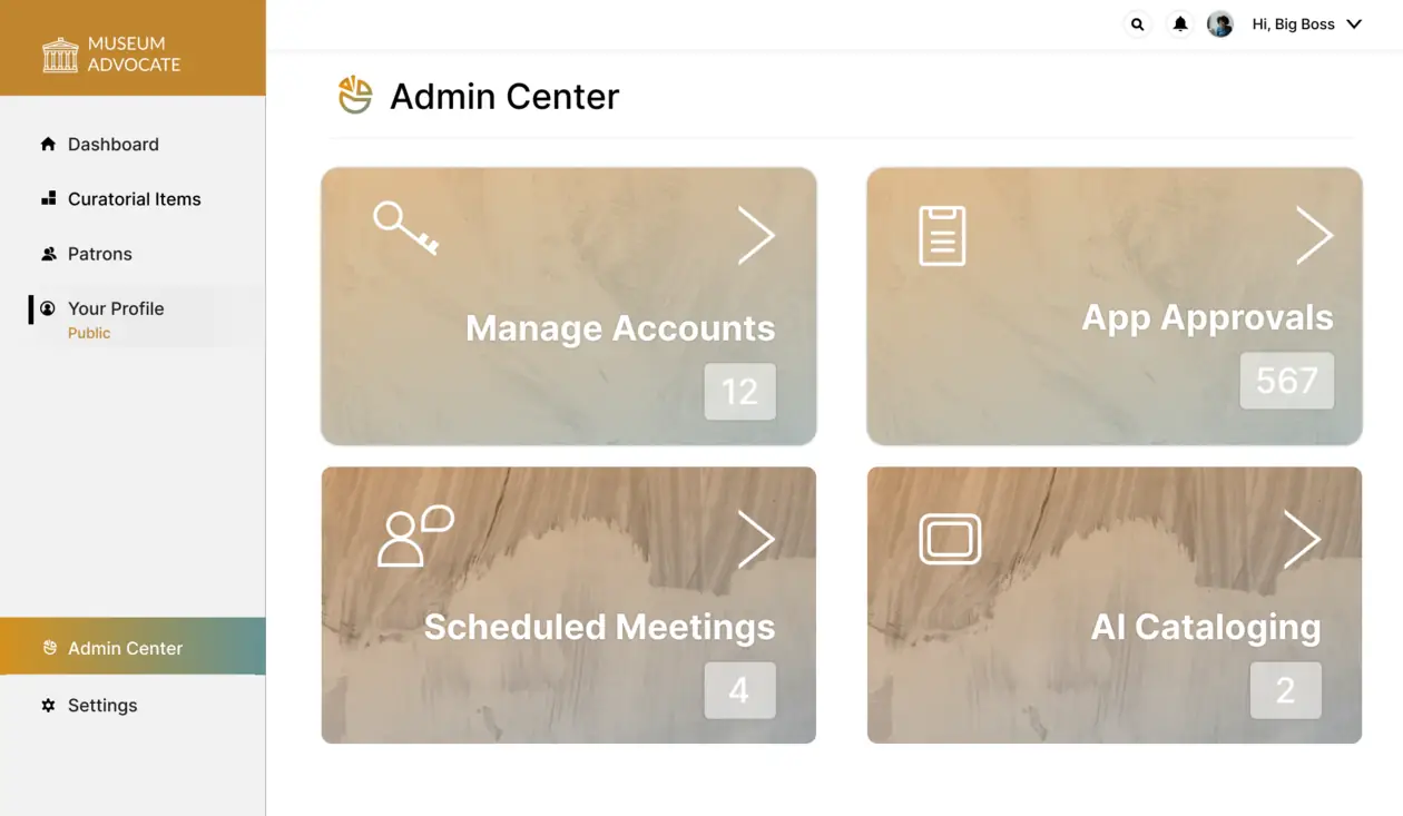 Museum Advocate admin center screenshot