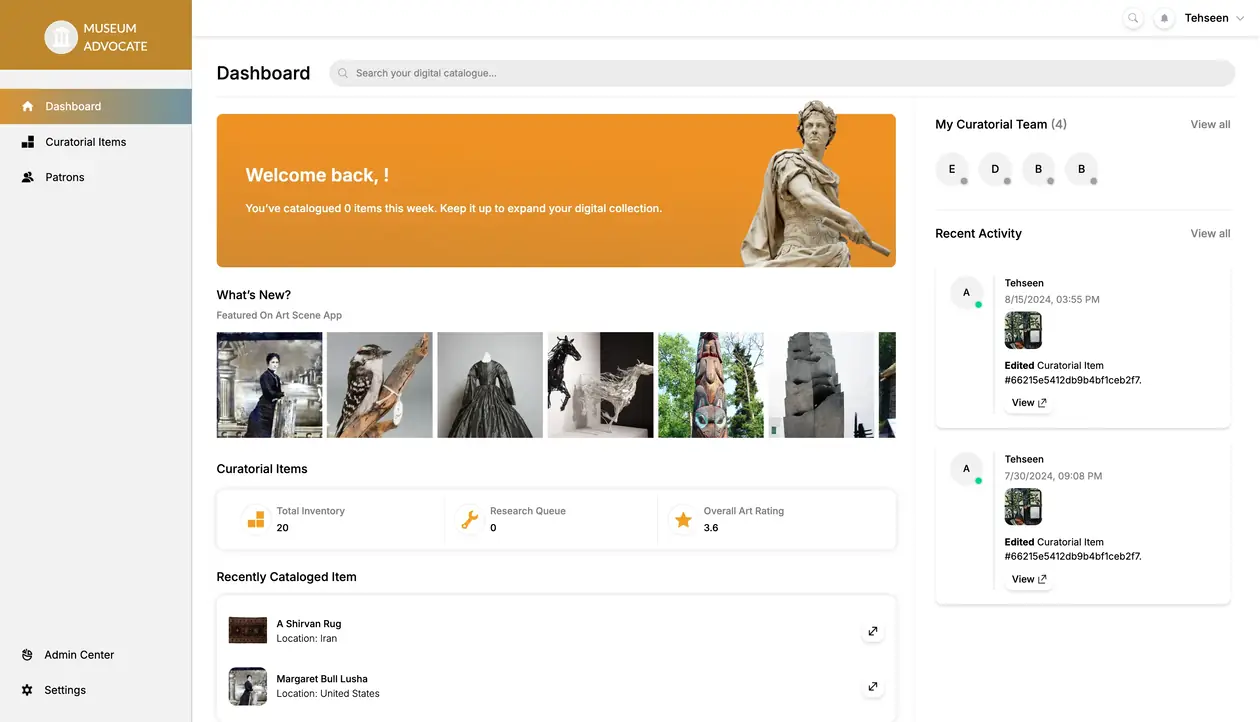 Museum Advocate dashboard screenshot