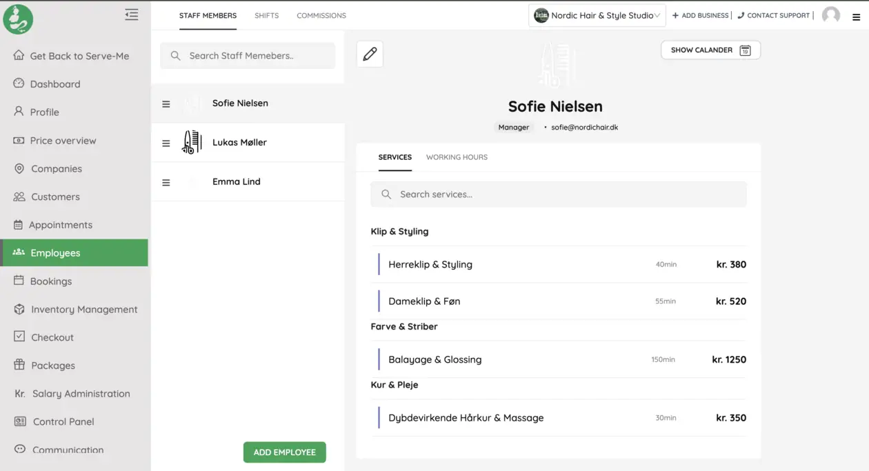 Serve Me employee management screenshot