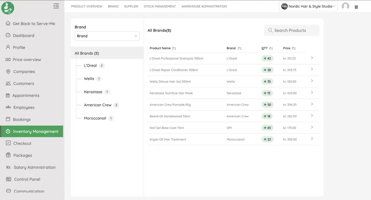 Serve Me inventory product list screenshot